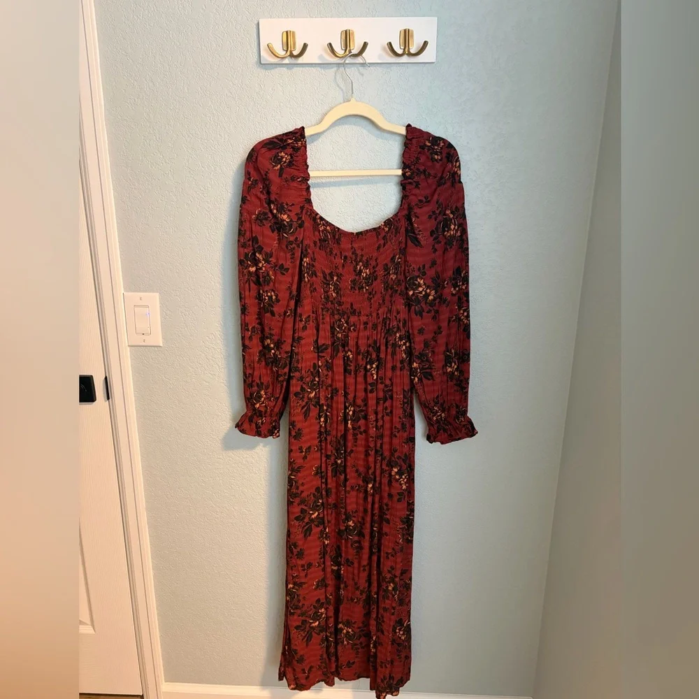 Free People Smocked Floral Midi Dress Rust Red Boho Long Sleeve Size S - Picture 8 of 8